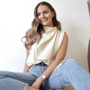 Pleated High Neck Shirt Top